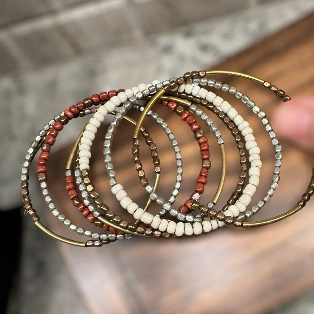 One Piece Continuous Beaded Multi-Row Earth Tone Bangle Bracelet